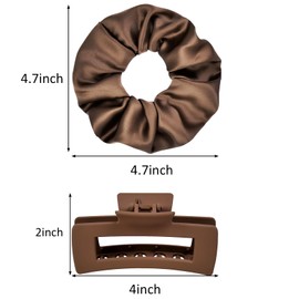 JGQUR Hair Claw Clips and Satin Scrunchies Set for Women – 4 Inch Rectangle Matte Hair Clips, No Damage Large Satin Scrunchies, Brown Hair Accessories for Thick Hair