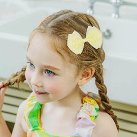 Zolyco Tiny 3 Inch Dot Organza Double Hair Bow Clips - Cute Lined Boutique Alligator Hairpin for Girls, Toddlers, and Little Teens - Kids Barrettes Set of 2 Small Stylish (Yellow)