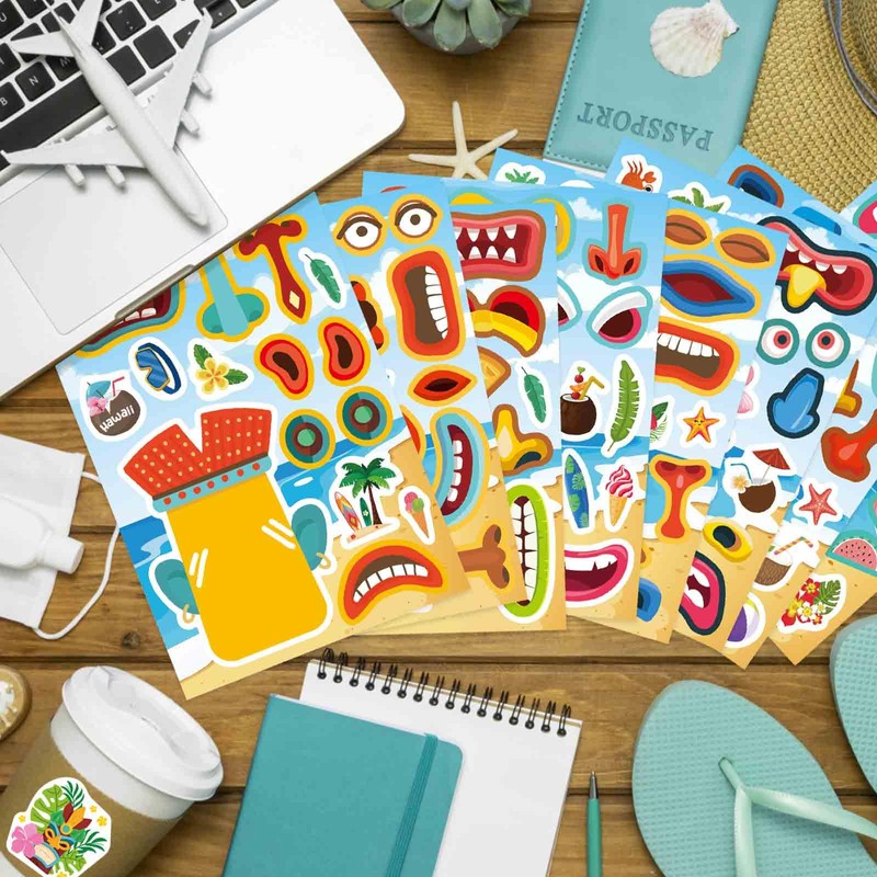 24 Sheets Tiki Make a Face Stickers, Tropical Hawaiian Stickers