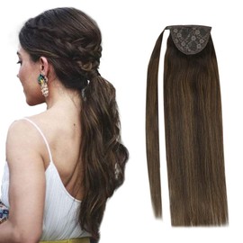 Sunny Wrap Around Balayage Ponytail Human Hair Extension 20inch Ponytail Clip in Extension Brown Highlight Ponytail Extension Real Human Hair 80g