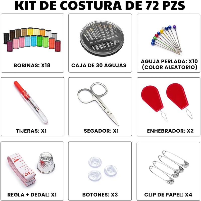 72 Piezas Kit de Costura, Costurero Portátil con Accesorios Completos,