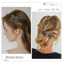 IYOU Rhinestone Wedding Hair Pins Navy Blue Flower Hair Clips Crystal Baroque Bridesmaid Prom Hair Accessories for Women (Pack of 2)