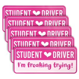 5pcs Non-Magnetic New Driver Stickers, Waterproof Removable Novice Driver Sticker I'm Freaking Trying Pink Student Learner Rookie Driver Signs Clear Easy to Peel Warning Sign for Car Smooth Surface