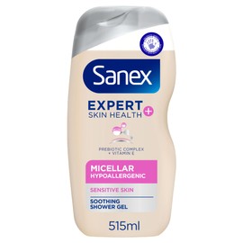 Sanex Expert Skin Health + Micellar Hypoallergenic Shower Gel 515ml, for sensitive skin, body wash for men & women, helps protect skin from pollution, gentle antioxidant formula, with vitamin E