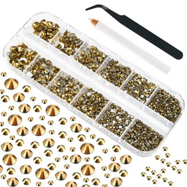 4010pcs Mine Gold Nail Art Rhinestones Kit Makeup Glue Fix Flatback Rhinestones Metallic Golden Nail Charms 6 Sizes (1.6-6.1mm) Up to SS30 Round Nail Gems Stones w Picking Pen for Nail Eye Face Makeup