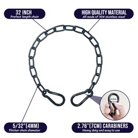 PNKPET 304 Stainless Steel Gate Chain 550lbs Capacity - 32" x 5/32" with M7 Carabiners, Chain Link Gate Latch for Outdoor Fence Livestock, Safety Hanging Metal Chain with 4 Carabiners, Black, 2 Pack