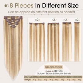Elailite Clip-In Real Hair Extensions, Blonde, Remy Real Human Hair, 8-Piece Set, 18 Clips, Straight Hair Extensions, 30 cm, 55 g, #12/613 Balayage Blonde