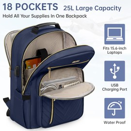 WELIDAY Laptop Backpack for Women, Work Travel Computer Bags, Quilted Casual Daypack with USB Port, Waterproof Computer Backpack Fit 15.6 Inch Laptop (Dark Blue)