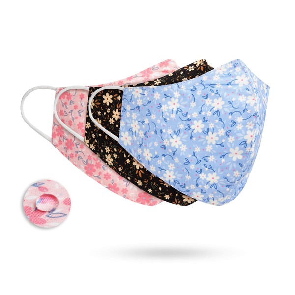 PALE MALE BOX 3Pcs X 1 Pack Water Repellent Face Masks 3D Design Fabric Face Covering Adjustable Nose Wire, Size (10" x 5.5") (FLORAL BLUE-BLACK-PINK)