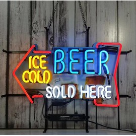 Neon Signs Bedroom Ice Cold Beer Sold Here Glass Neon Signs for Office Pub High Definition Jet Graphic Printing Board Neon Light Art Wall Lights 24 X 20 Inches