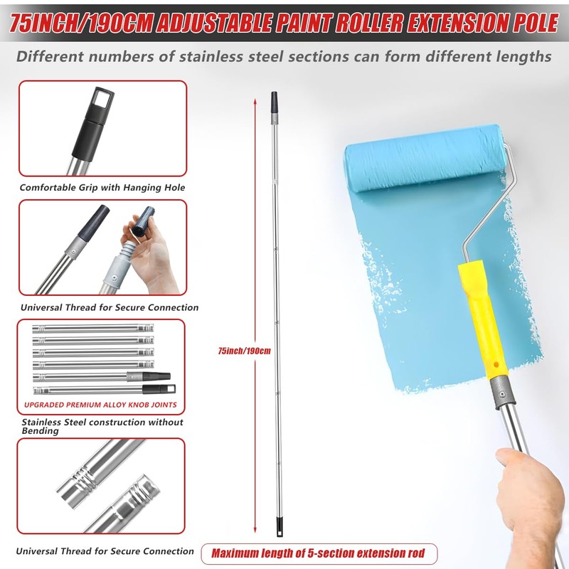 Paint Roller Set 11Pack, 1.9m Paint Roller Extension Pole 6