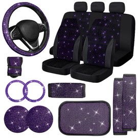 Jusen 17 Pack Bling Car Seat Covers Set Car Diamond Accessories Rhinestone Crystal Steering Wheel Cover, Bling Velvet Breathable (Purple, All Part Bling)