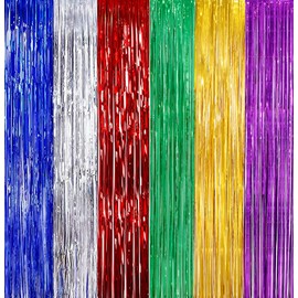2 Pack 3.3ft×6.6ft Rainbow Photo Backdrop Tinsel Foil Fringe Curtains Backdrop Door Streamers Birthday Mardi 4th of July Party Decoration