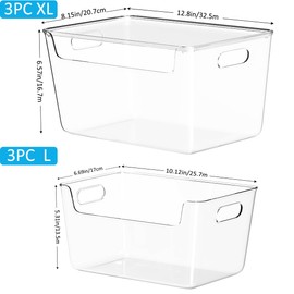 Kutesna 6 PCS Clear Pantry Storage Bins with Lids, 2 Sizes （3XL+3L）Stackable Plastic Storage Containers with Handle, BPA Free, Perfect for Bathroom,Cabinet,Cupboard,Kitchen,Fridge,Closet Organization