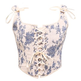 Bslingerie® Women Retro Vintage Victorian Animal Cat Print Bustier Renaissance Crop Top Tank Top Corset (XL, Blue Floral)