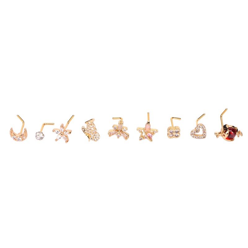 9pcs Nose Studs Set Golden Stainless Steel L Shape Shiny