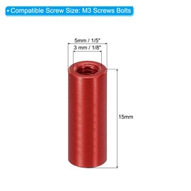 PATIKIL M3 Aluminium Spacer, Pack of 6 Metal Spacers, Aluminium 3 mm ID x 5 mm OD x 15 mm L, Thread Spacer, Screw Stand, Pillar Bolt, Female Round, Red