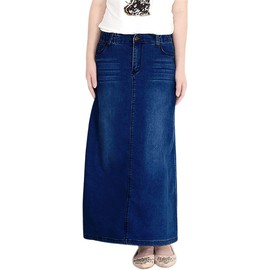 chouyatou Women's Casual Stretch Waist Washed Denim A-line Maxi Skirt, Deep Blue, XX-Large