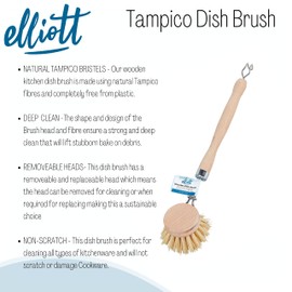 Elliott Wooden dish brush with Natural tampico fibres, Long reach washing up brush ideal for cleaning glasses, plates, pots and pans, replacable brush heads available.