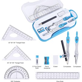 Geometry set, 10 pcs Compass for Geometry, Mathematical Geometry Set, Including - Transparent Box, Protractor Set, Drawing Compass, Ruler, Eraser, Pencil Sharpener, Lead Lead, Drawing Pencil (Blue)