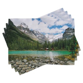 Ambesonne Landscape Place Mats Set of 4, Canada Ohara Lake Yoho National Park with Mountains Nature Scenery Art Photo, Washable Fabric Placemats for Dining Table, Standard Size, Green White
