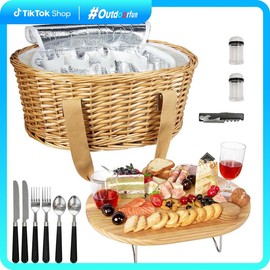 Hap Tim Insulated Wicker Picnic Basket  for 2/4 Persons with Foldable Wine Table and Cutlery Service Kits, Perfect for Couples Gifts, Wedding Gifts, Valentine's Day Gifts#Outdoorfun:_Cream White_4 person 