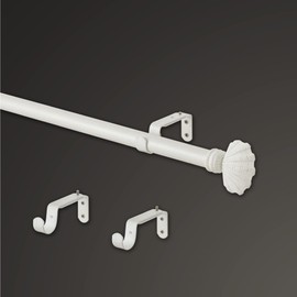 MODE Coastal Collection 1 1/8" Diameter Curtain Rod Set with Coastal Shell Curtain Rod Finials and Steel Wall Mounted Adjustable Curtain Rod, Fits 36” to 72” Windows, Weathered White
