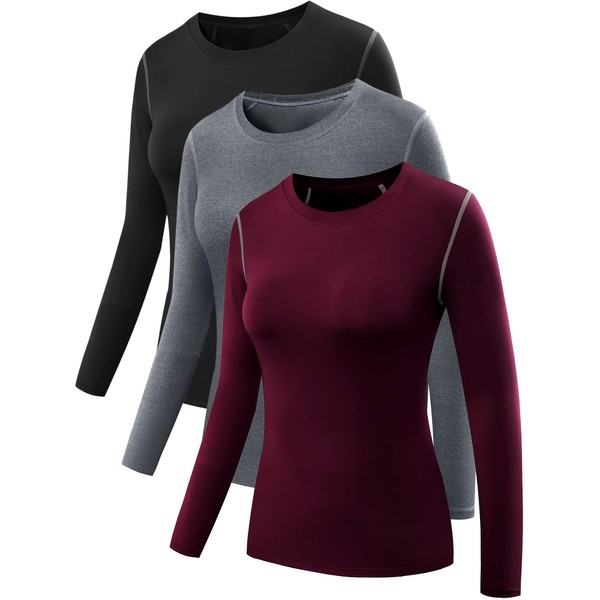 NELEUS Women's 3 Pack Dry Fit Athletic Compression Long Sleeve T Shirt,8019,Black/Grey/Burgundy,US L,EU XL