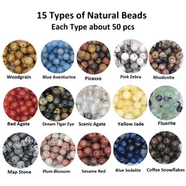 750pcs 6mm Natural Round Stone Beads Real Gemstone Beading Loose Gemstone Hole Size 1mm DIY Smooth Beads for Bracelet Necklace Earrings Jewelry Making,Box Packed(15 Material -1,6mm)