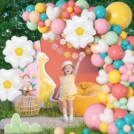 Ouddy Life 161pc Daisy Balloon Garland Arch Kit, Pastel Groovy Flower Party Decorations with Pink Yellow Orange Blue Green Daisy Banners for Baby Shower Retro Hippie Two Groovy Boho Birthday Party Decor