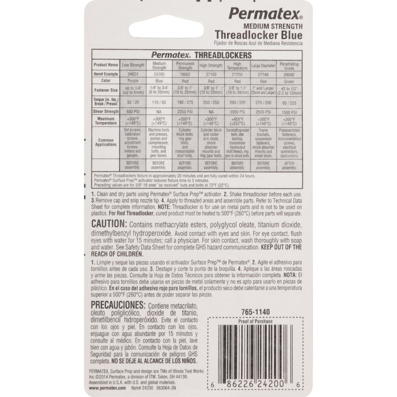 Permatex 24200 Medium Strength Threadlocker Blue, 6 ml
