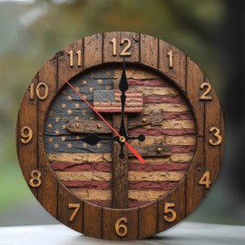 Rustic Wood American Flag Wall Clock Farmhouse Decor 10-Inch Wooden Wall Clock, Silent Movement, Battery Operated (AA Batteries Not Included), Artistic Home Decor, Perfect for Home Accents