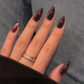 KQueenest Black Pink Cateye Press on Nails Almond Medium Glazed Glitter False Nails Medium, Shiny Bling Acrylic Fake Nails Set Gothic Sparkly Stick on Nail for Women Holiday Finger Wear 30 Pcs