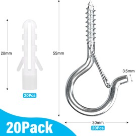 HATANSE Pack of 20 Screw Hooks Stainless Steel with Safety Hooks for Screwing Ceiling Hooks Screw-In Hooks for Hanging Pot Plants, Fairy Lights and Christmas Decoration, Silver