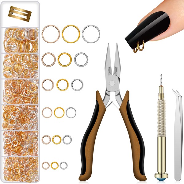 1014 Pieces Nail Art Dangle Charm with Nail Piercing Tool Hand Drill Set, 4 mm, 5 mm, 6 mm, 7 mm, 8 mm, 10 mm Open Jump Rings Pliers and Tweezers for Nail Art