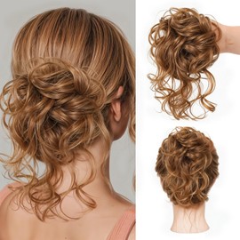 Mtuihfo Curly Wavy Messy Bun Hair Piece - Synthetic Heat-Resistant Fake Hair Bun - Dark Golden Brown