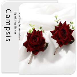 Campsis Wedding Corsage Flower Boutonniere Buttonholes Red Wine Flowers Groom Groomsman Best Man Wedding Flowers Accessories Prom Suit Decoration（Pack of 2）