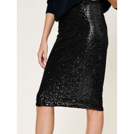 ANNA-KACI Women's High Waist Sparkly Sequins Midi Skirt Cocktail Party Skirt, Black, X-Large