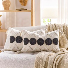 YULUOSHA 2-Piece Set Decorative Boho Throw Cushion Covers Soft Plush Couch Cushion Covers for Home Lumbal Woven Natural Beige Cushion Case Textured Striped Woven (Black, 50 x 30 cm)