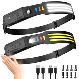 PLUSINTO LED Rechargeable Headlamp 2PCS, 230° Wide Beam Head Lamp, COB Bright Head Light with Motion Sensor, 5 Modes IPX4 Waterproof Forehead Light, Perfect Accessory for Camping Hiking Fishing