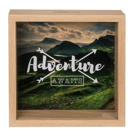 Wooden Money Box Save Adventure Money Box Money Box Coin Money Box Original Adventure Awaits (20 x 20 cm) with Hanger