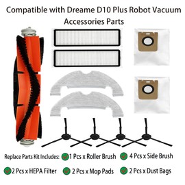 Replacement Parts for Dreame D10 Plus Robot Vacuum 1 Main Brush 4 Side Brush 2 Filter 2 Mop Cloth 2 Dust Bag Accessories