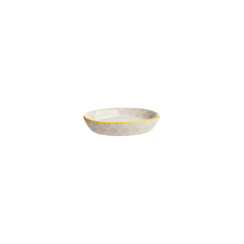 Large Oval Ceramic Soap Dish with Floral Prints, Yellow Trim,
