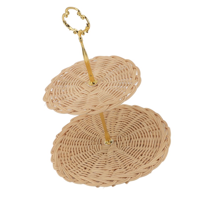 2 Tier Rattan Serving Standing Trays Round Woven Bread Fruit