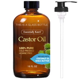 Castor Oil 16 Fl Oz (Glass Bottle) - Coconut Oil+Shea Butter - A Huge Glass Bottle with a Pump - 100% Pure and Natural, Cold Pressed, and Hexane-Free - Hair Oil, Body Oil