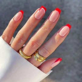 Christmas Red Press on Nails Short Square Fake Nails with Santa Hat Design Cute French Tip Full Cover Artificial False Nails Red Nail Tip Acrylic Nails Glossy Xmas Stick on Nails for Women Girls24Pcs