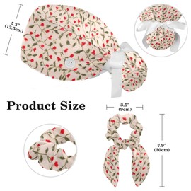 Scrub Caps Women with Button,Adjustable Surgical Caps with Ponytail Pouch,Seamless Green Leaves and Red Flowers Working Cap with Bow