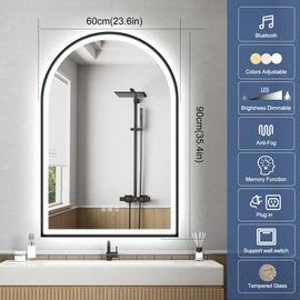 STARLEAD 36"x24" LED-Bathroom-Mirror-with-Lights, Wall-Mounted with Bluetooth, Anti-Fog, 3 Color Temperature Dimmable Brightness, Waterproof, Tempered Glass, Frontlit & Backlit, Black Frameless Arched