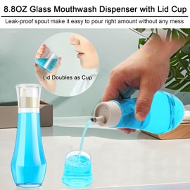 Tiyafuro 2PCS Glass Mouthwash Dispenser for Bathroom, 8.8OZ Mouth Wash Container Bottle with Lid Cup, Small Clear Refillable Mouthwash Holder Decanter for Countertop, Multifunctional Glass Bottle