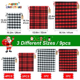 YQL Christmas Drawstring Gift Bags, 9pcs Reusable Fabric Gift Bags with Tags Red and Black Buffalo Plaid Drawstring Bags Xmas Bags for Presents Birthday Thanksgiving Holiday Party